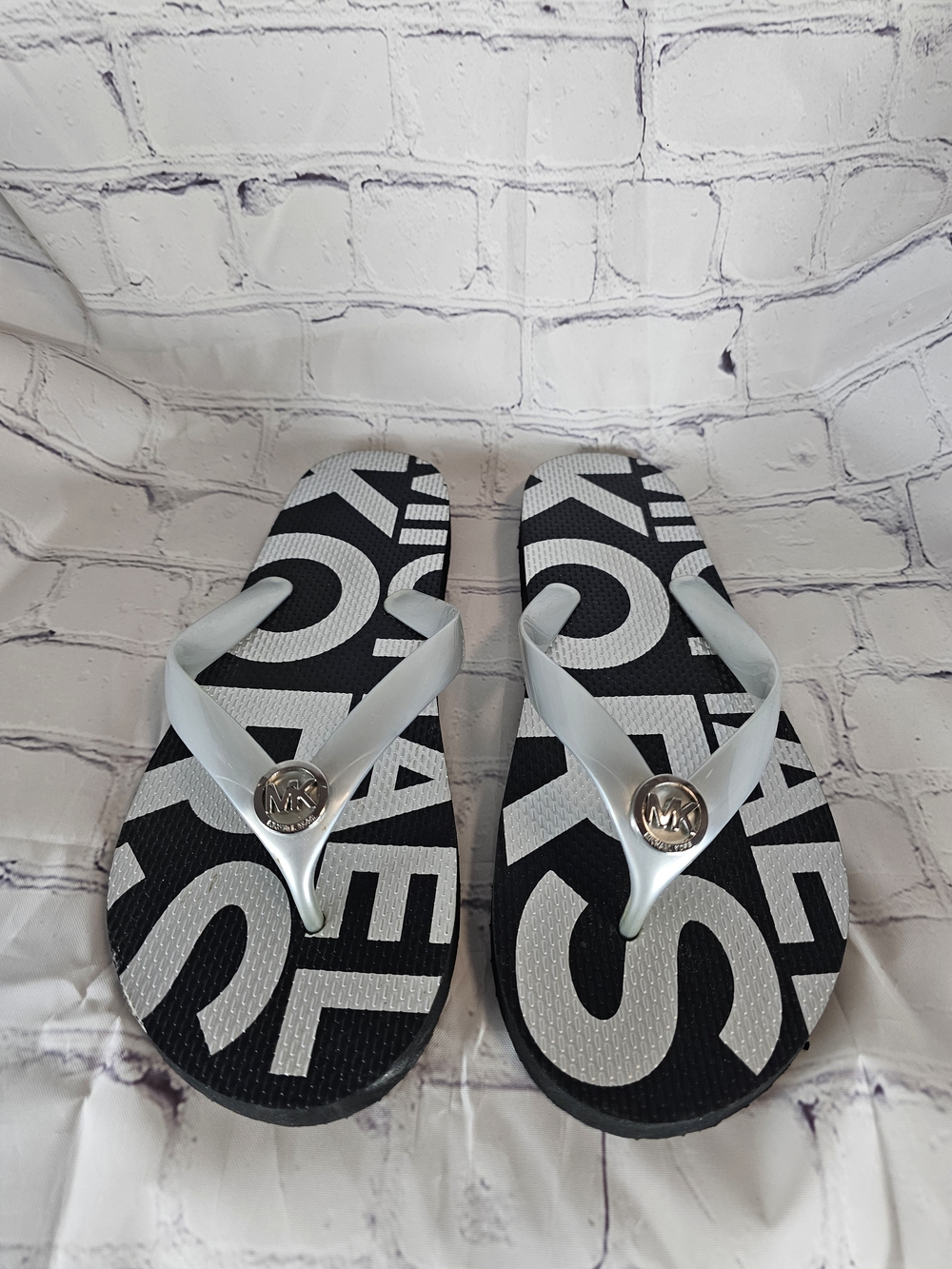 Michael Kors Men's Black & Silver Logo Flip Flops